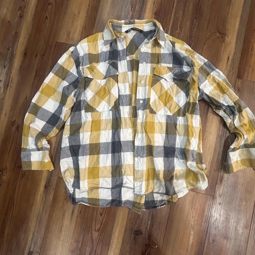 Zara Yellow and Gray Plaid Shirt Med
